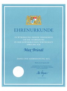 Ehrenurkunde als verdienter Ausbilder in der gewerblichen Wirtschaft